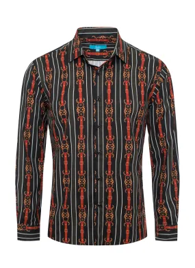 Red and Gold Printed Design Black L/S Shirt 4416