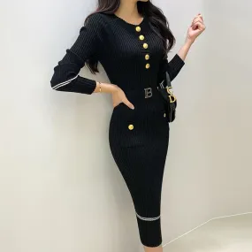 Round Neck Long Sleeve Pocket Lace-Up Contrast Knit Dress