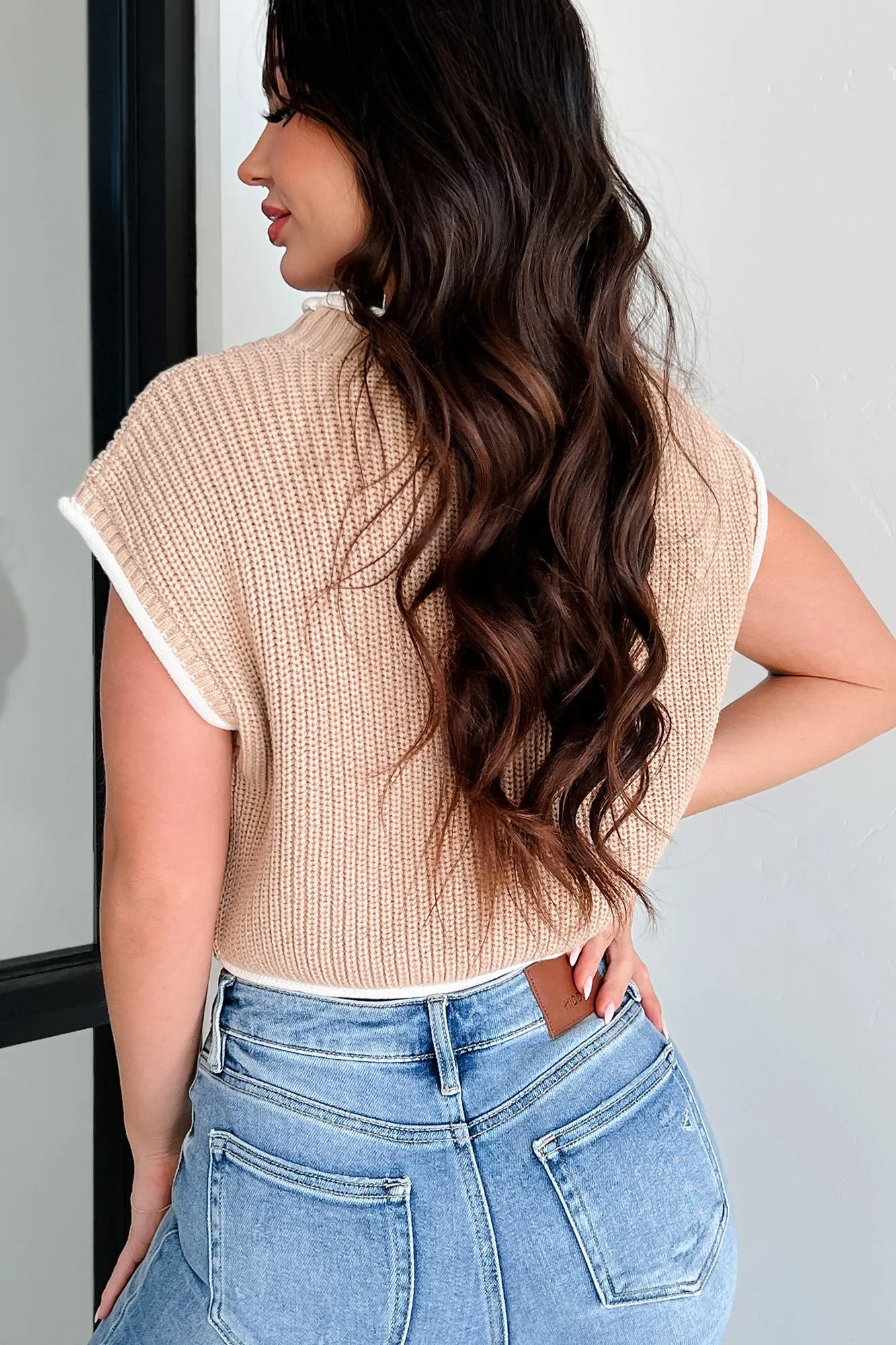 Savoring The Present Contrast Trim Crop Sweater (Tan)