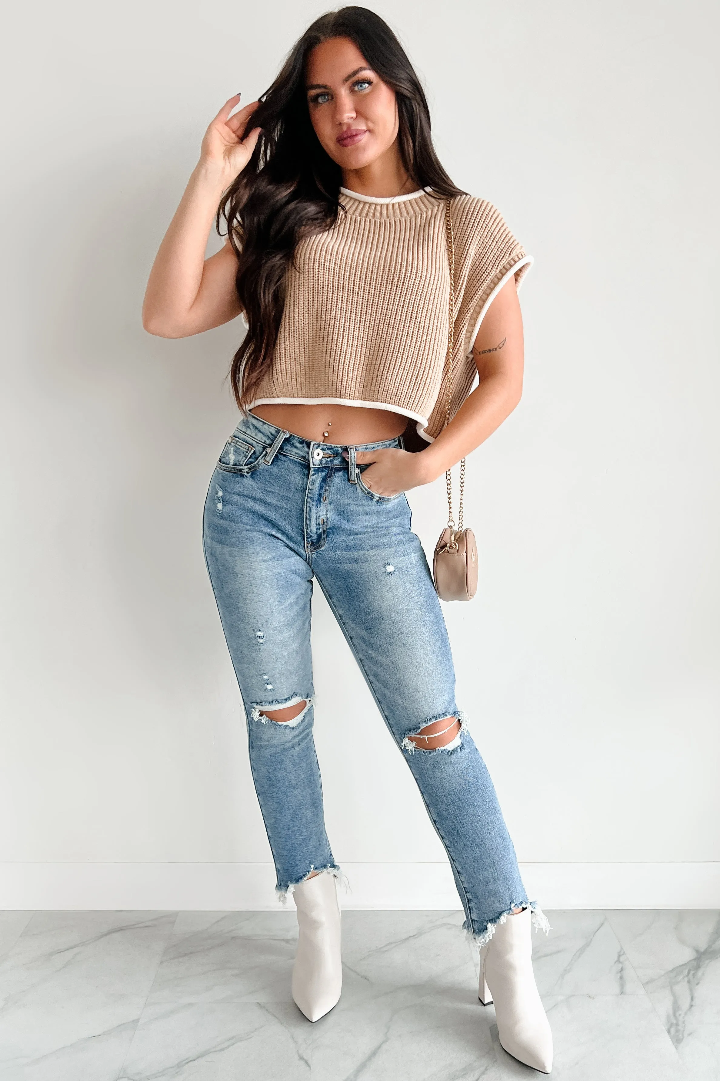 Savoring The Present Contrast Trim Crop Sweater (Tan)