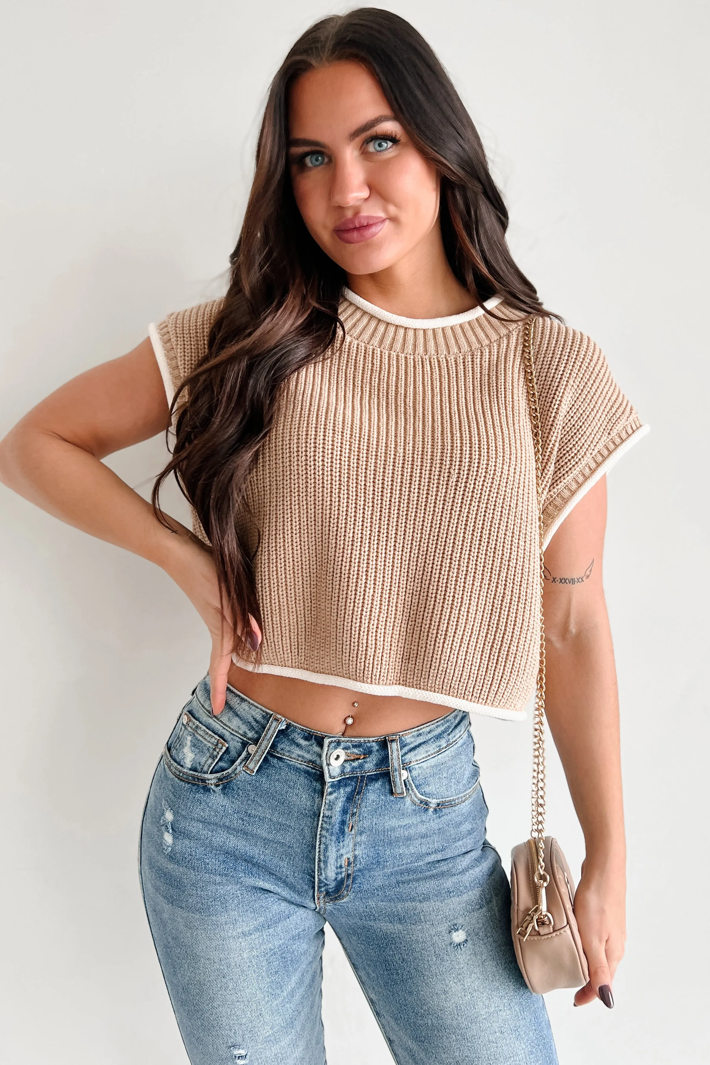 Savoring The Present Contrast Trim Crop Sweater (Tan)