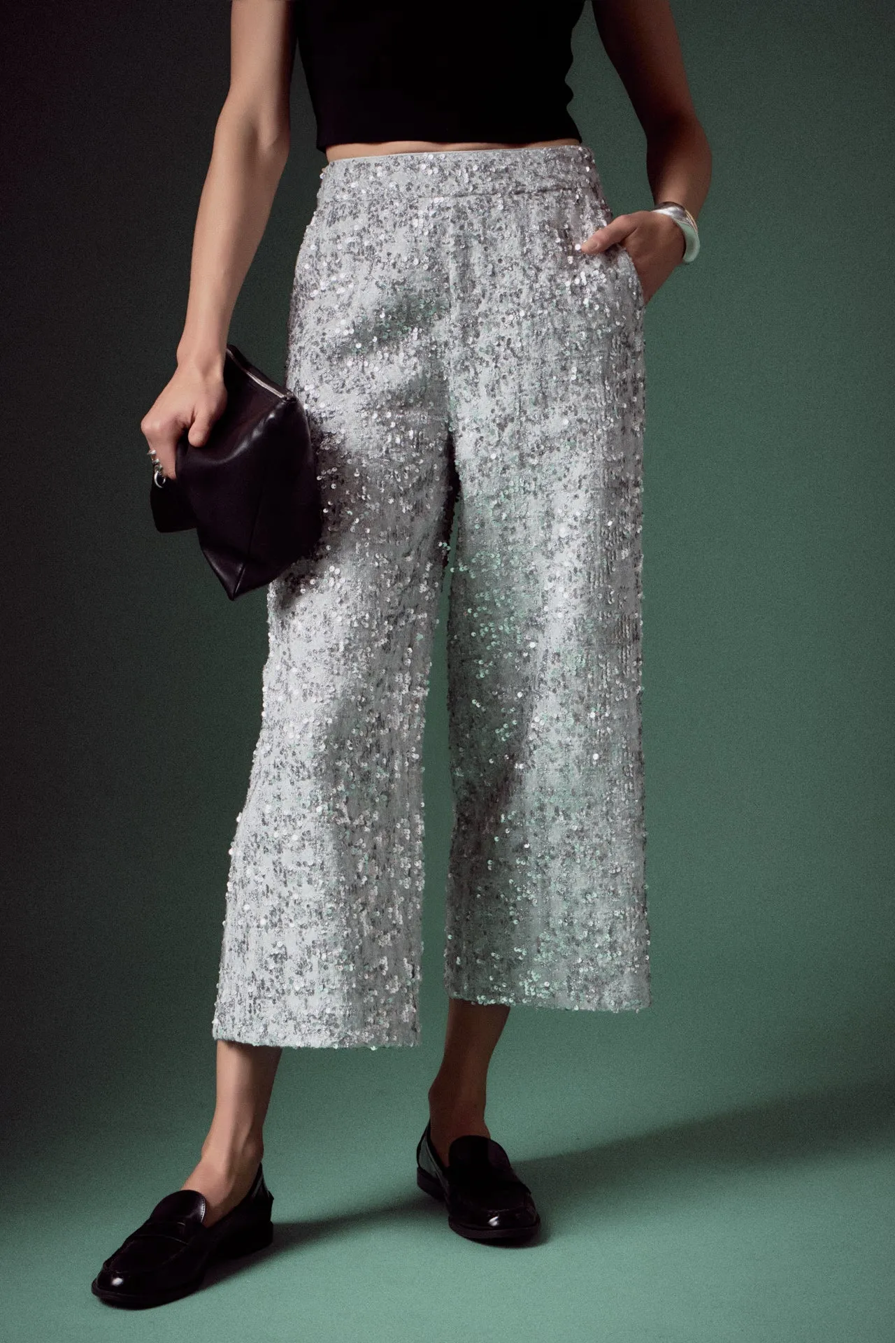 Sequin Tweed Culotte Pants