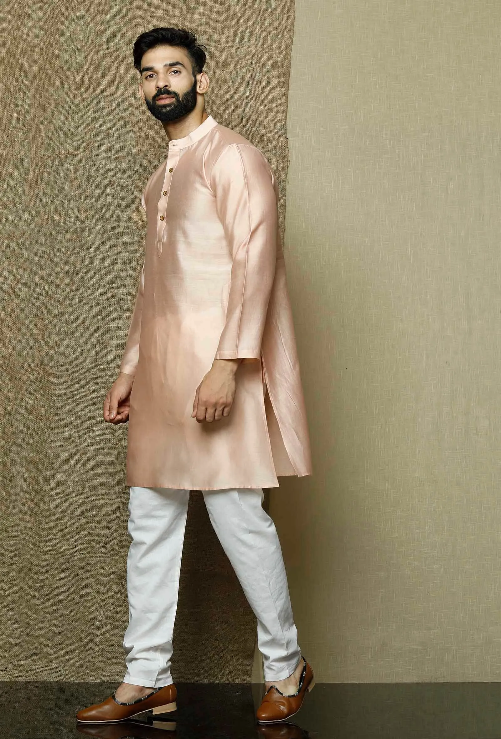 Set of 2:Muted Salmon Pink Pure Banarasi Silk Chanderi Kurta with Contrasting Cotton White Pyjama