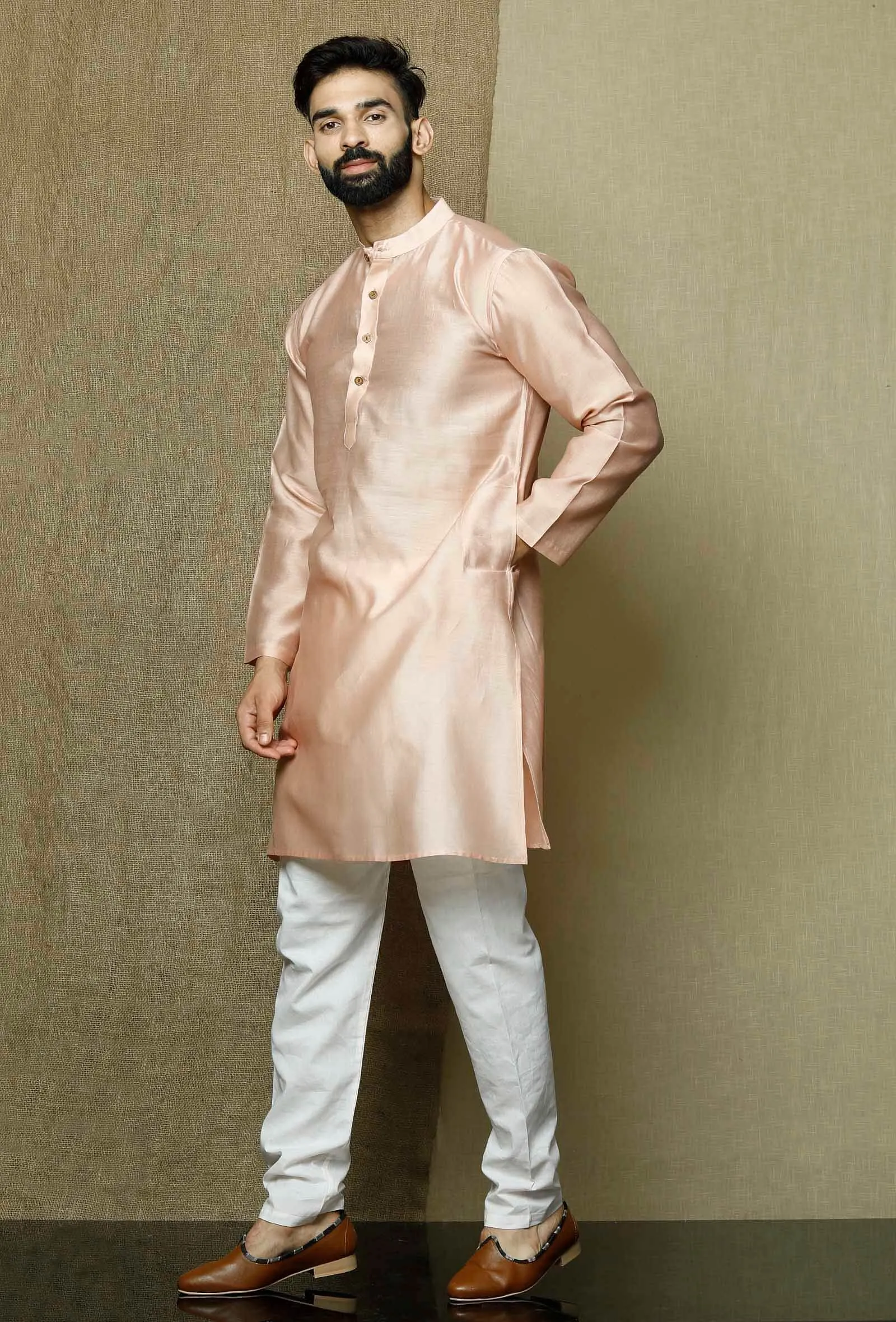 Set of 2:Muted Salmon Pink Pure Banarasi Silk Chanderi Kurta with Contrasting Cotton White Pyjama