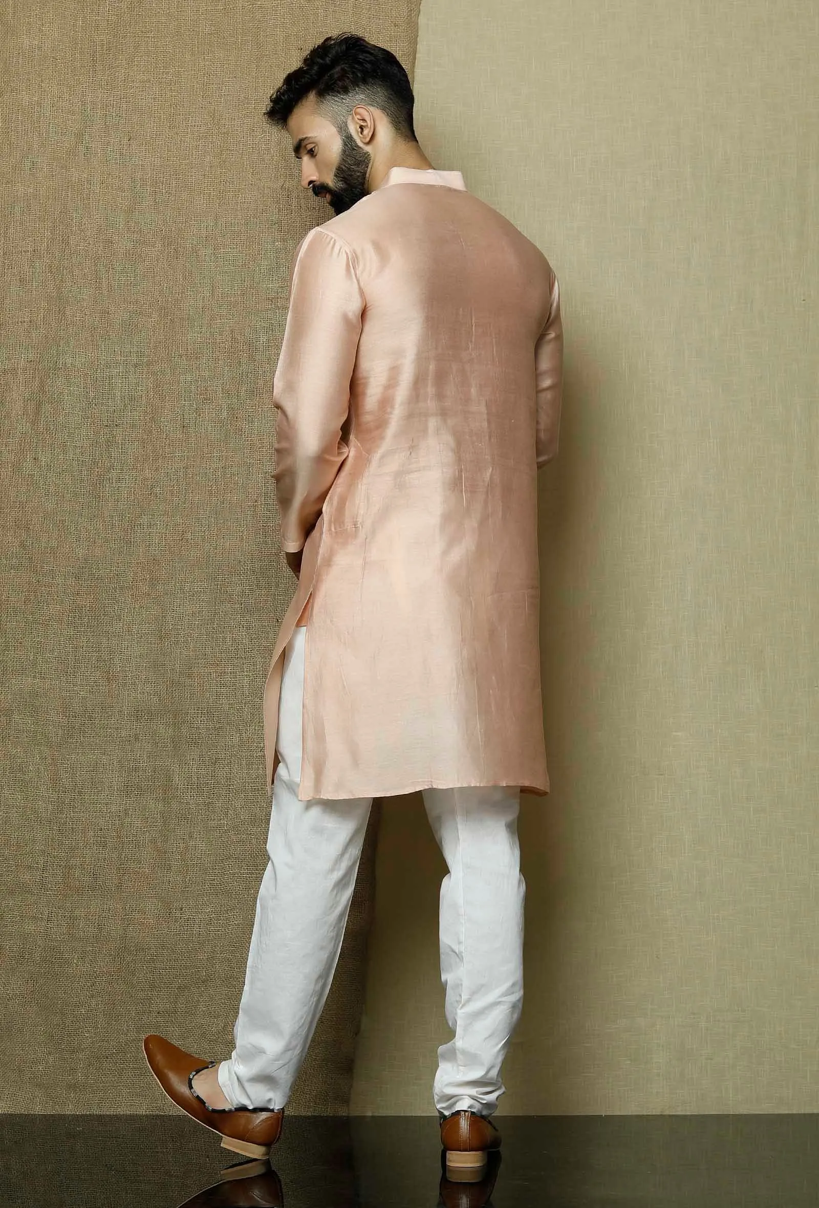 Set of 2:Muted Salmon Pink Pure Banarasi Silk Chanderi Kurta with Contrasting Cotton White Pyjama