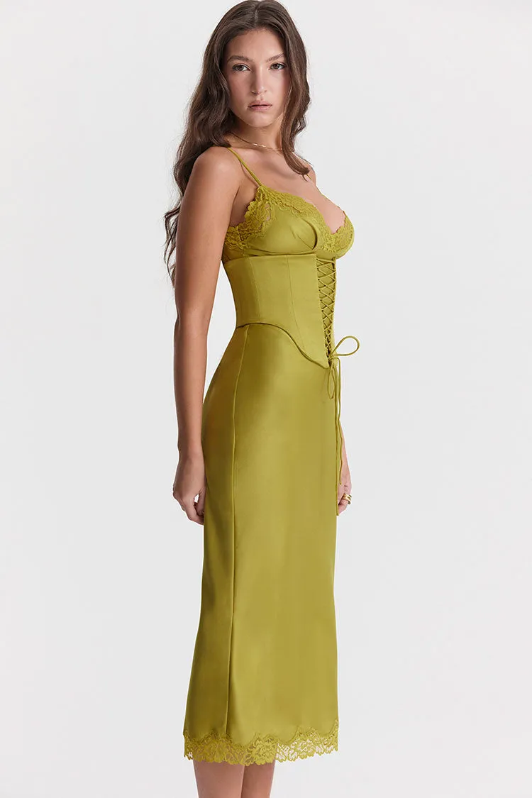 Sexy Party Lace Up Belt V Neck Lace Satin Slip Midi Dress - Chartreuse