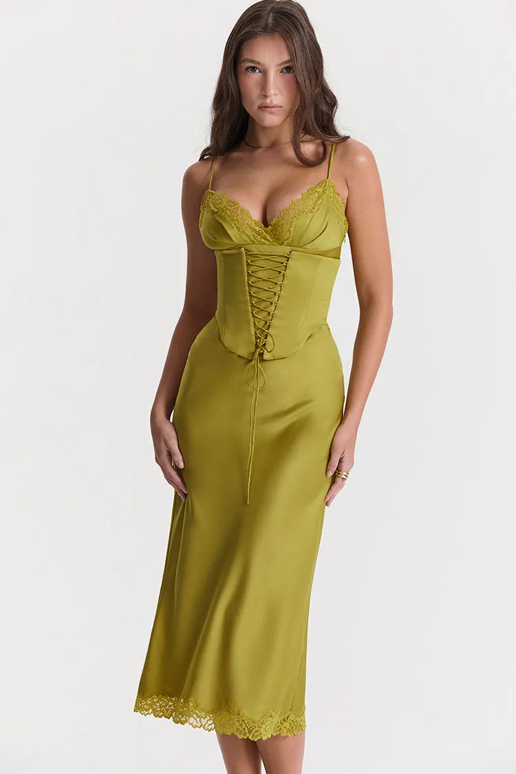 Sexy Party Lace Up Belt V Neck Lace Satin Slip Midi Dress - Chartreuse