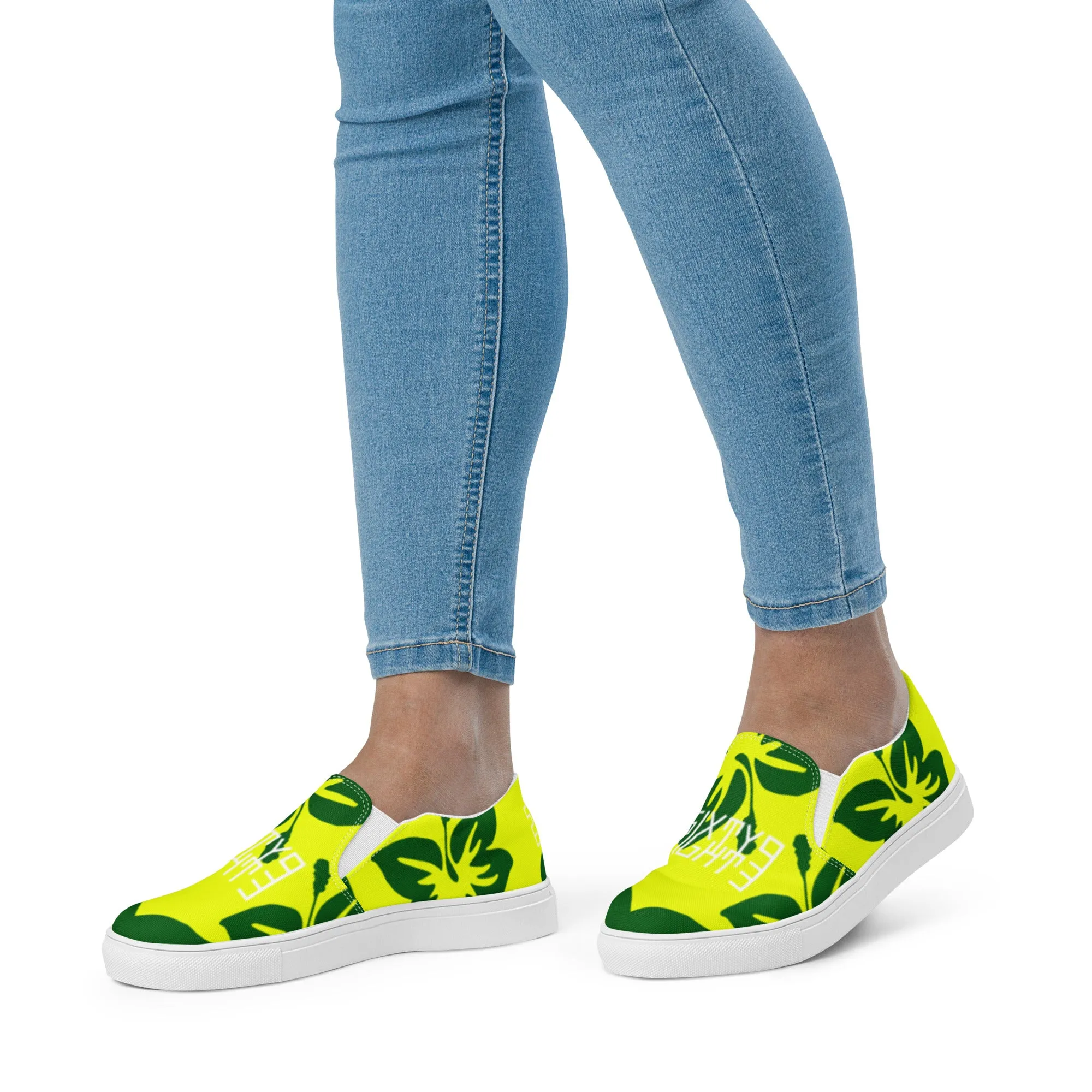 Sixty Eight 93 Logo White Hibiscus Forest Green & Yellow Women's Slip On Shoes