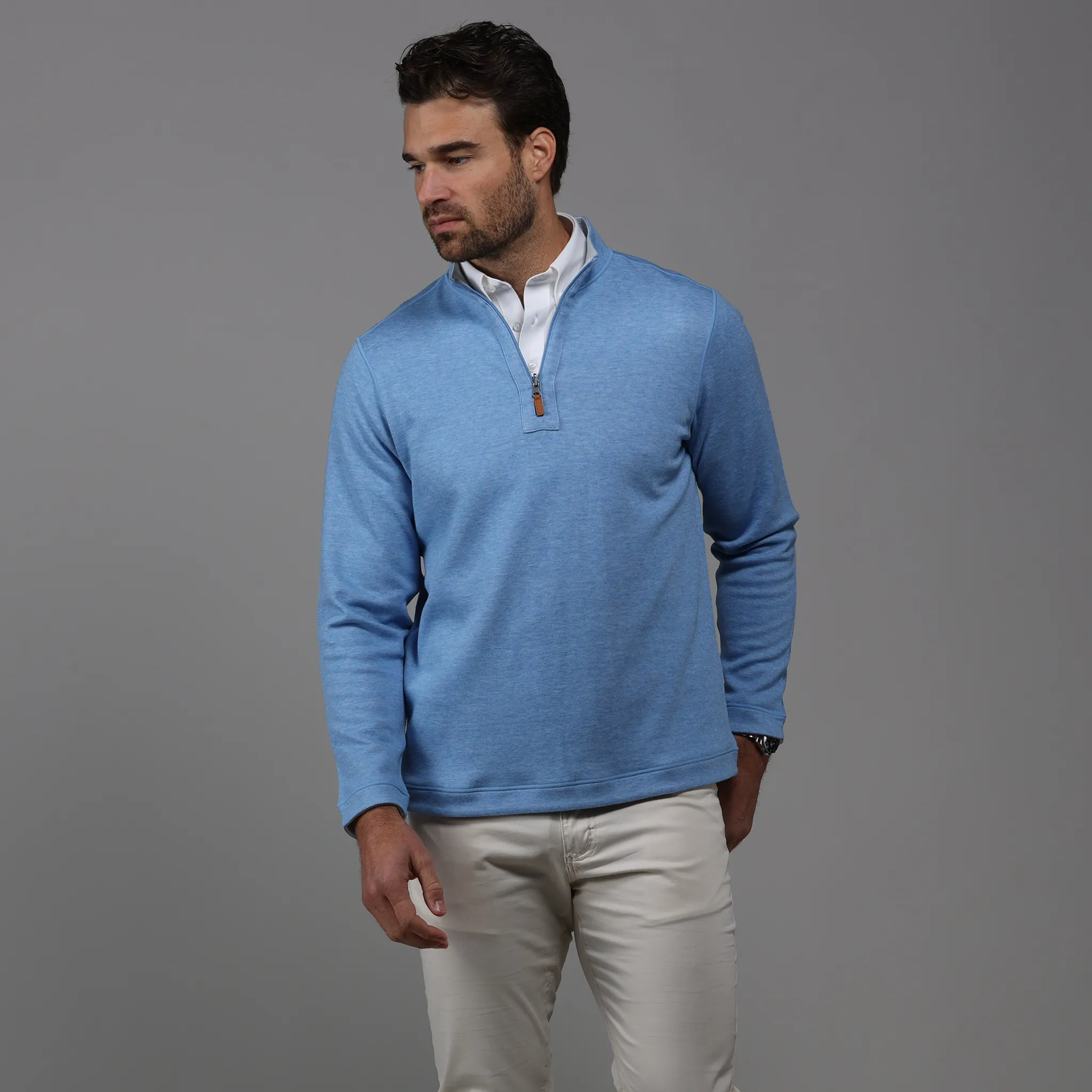 Sky Blue and Light Grey Zen Cotton Blend Reversible Quarter Zip Pullover