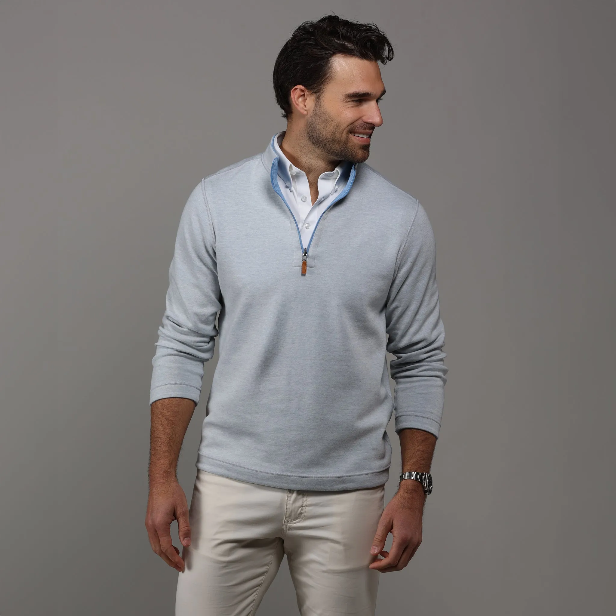 Sky Blue and Light Grey Zen Cotton Blend Reversible Quarter Zip Pullover