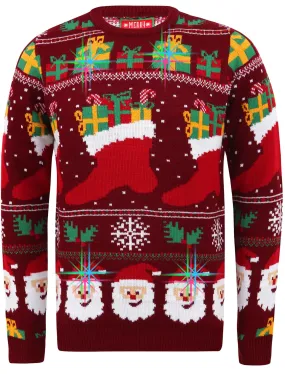 Stocking Wallpaper Print LED Light Up Novelty Christmas Jumper in Oxblood - Merry Christmas