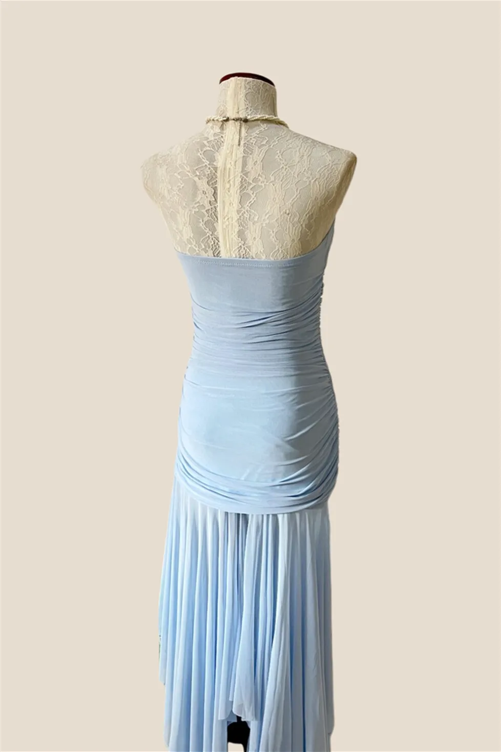 Strapless Blue Irregular Hem Ruched Long Dress