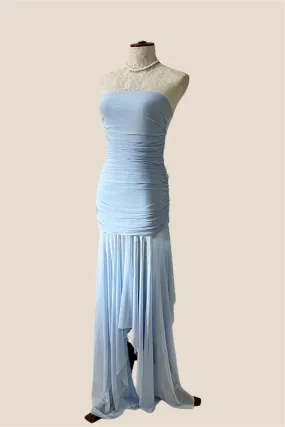 Strapless Blue Irregular Hem Ruched Long Dress