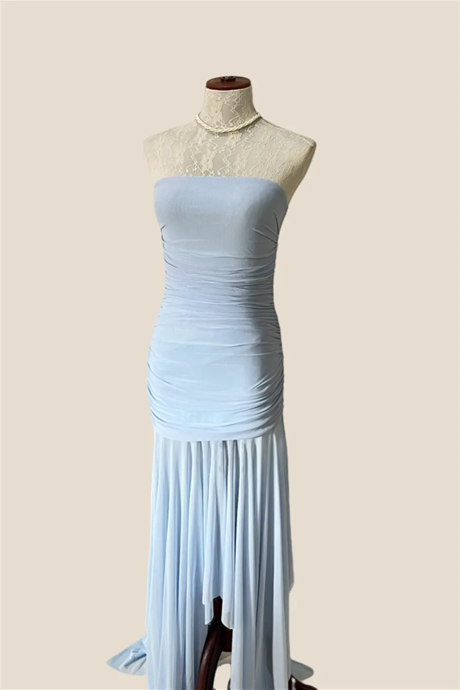 Strapless Blue Irregular Hem Ruched Long Dress