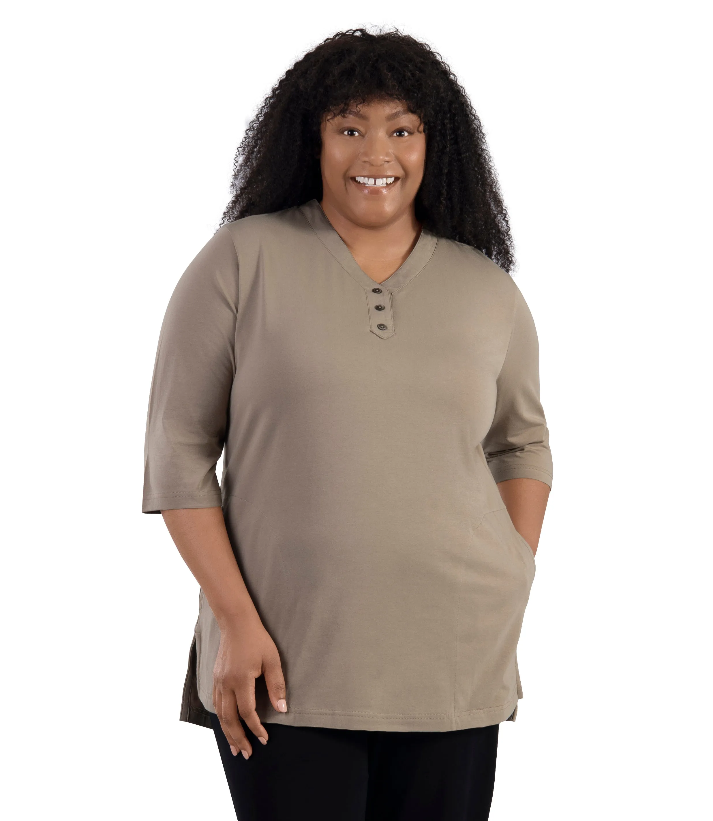 Stretch Naturals Lite 3/4 Sleeve Button Henley with Pockets Classic Colors