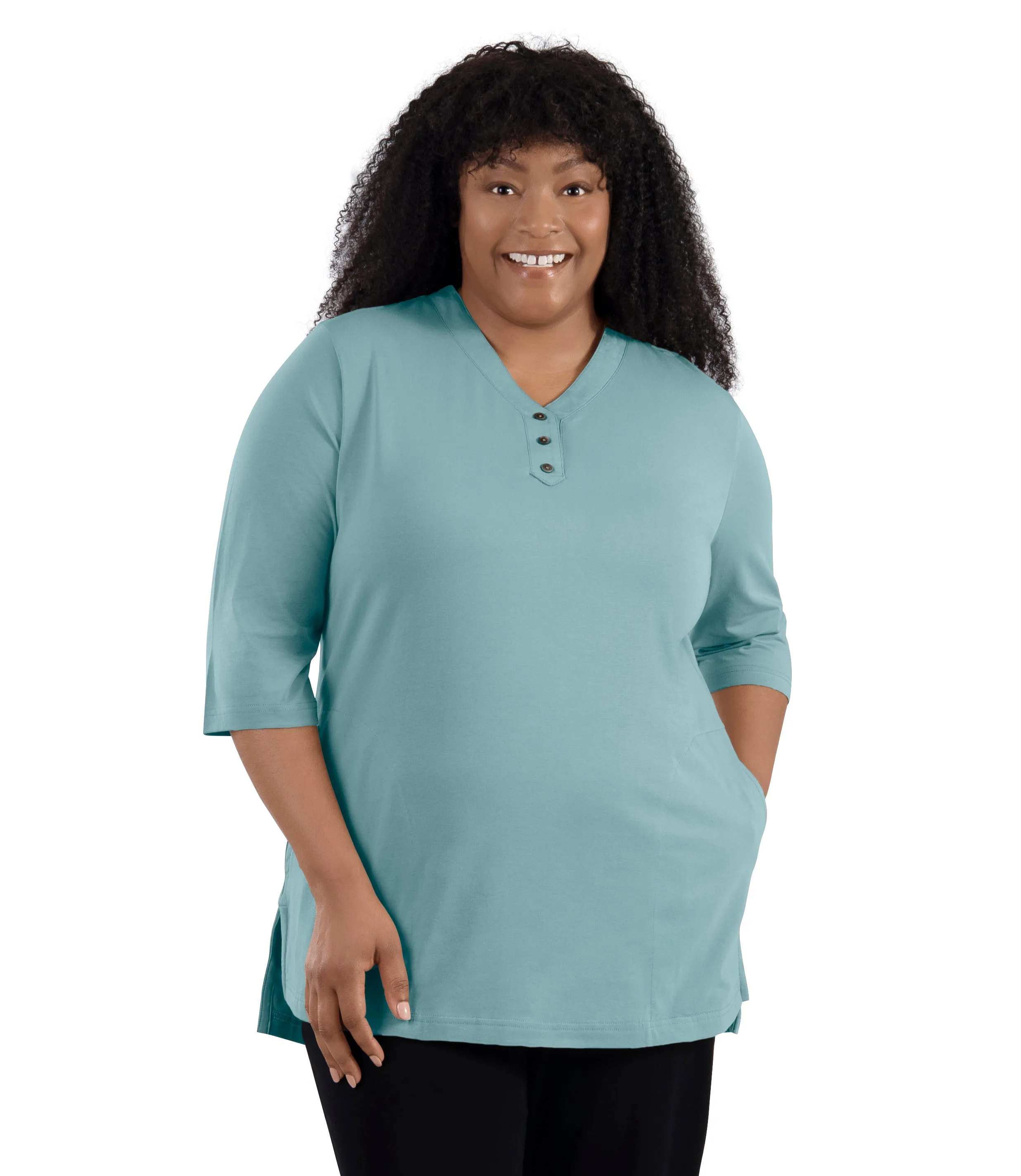 Stretch Naturals Lite 3/4 Sleeve Button Henley with Pockets Classic Colors