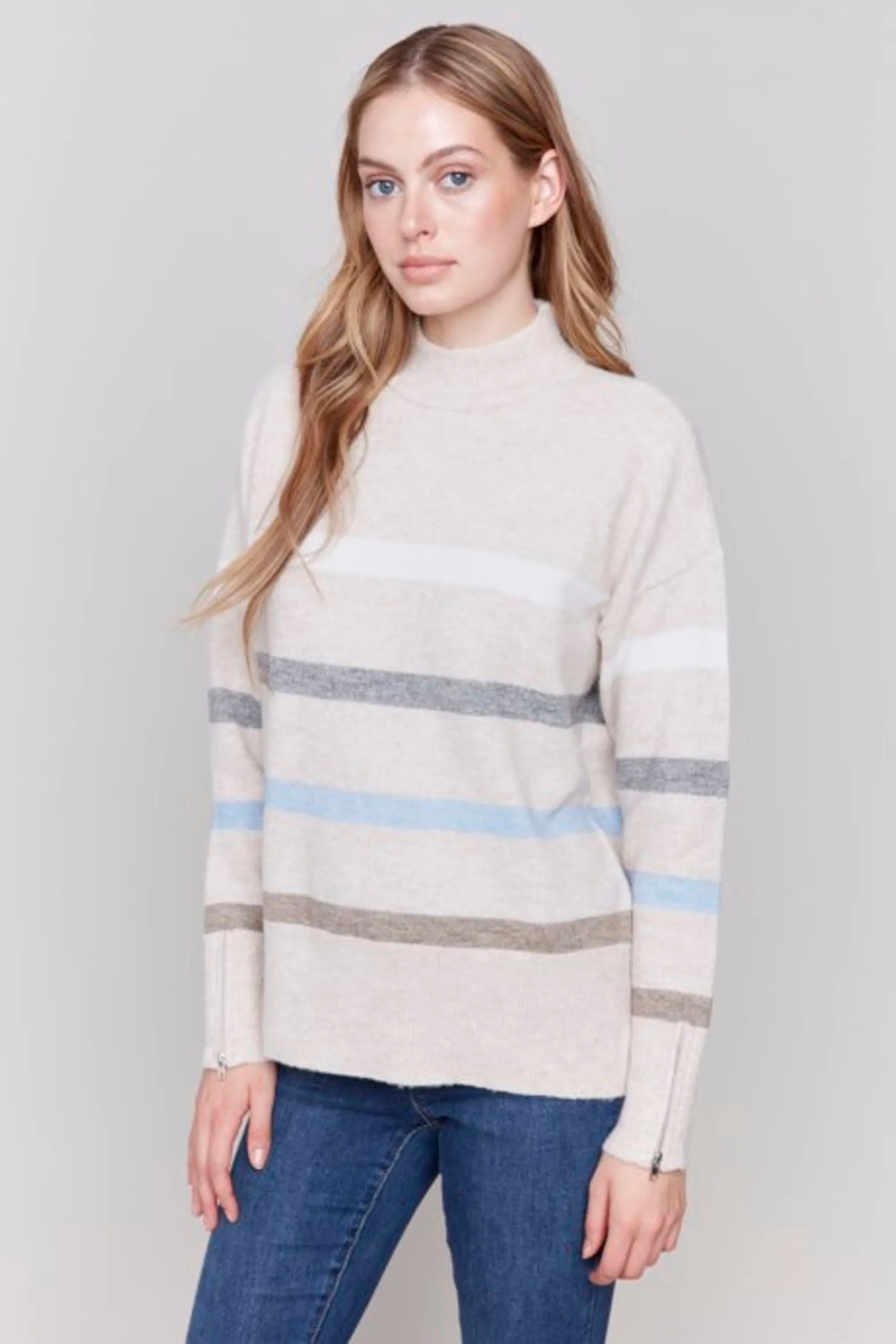 STRIPE ZIP CUFF LS MOCK