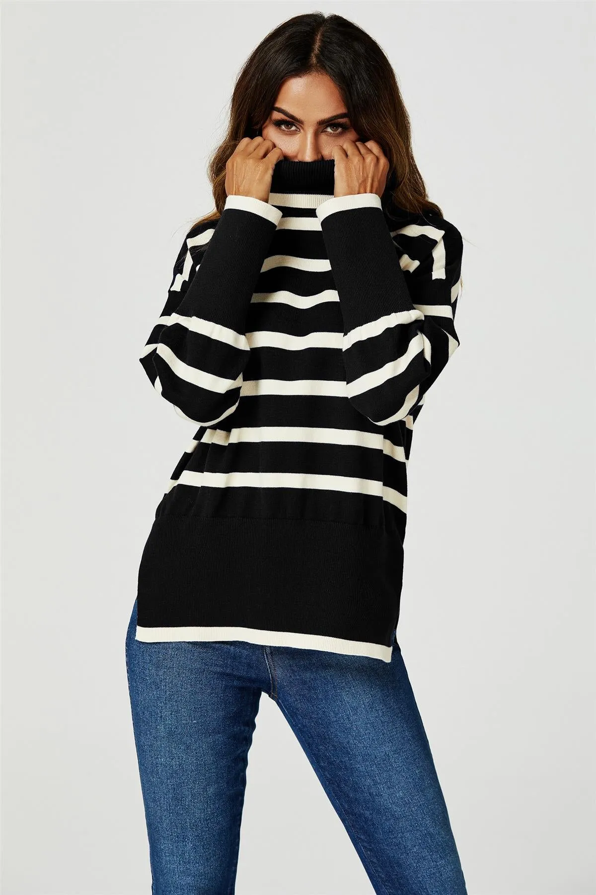 Stripes Pattern Turtleneck Jumper Top In Black