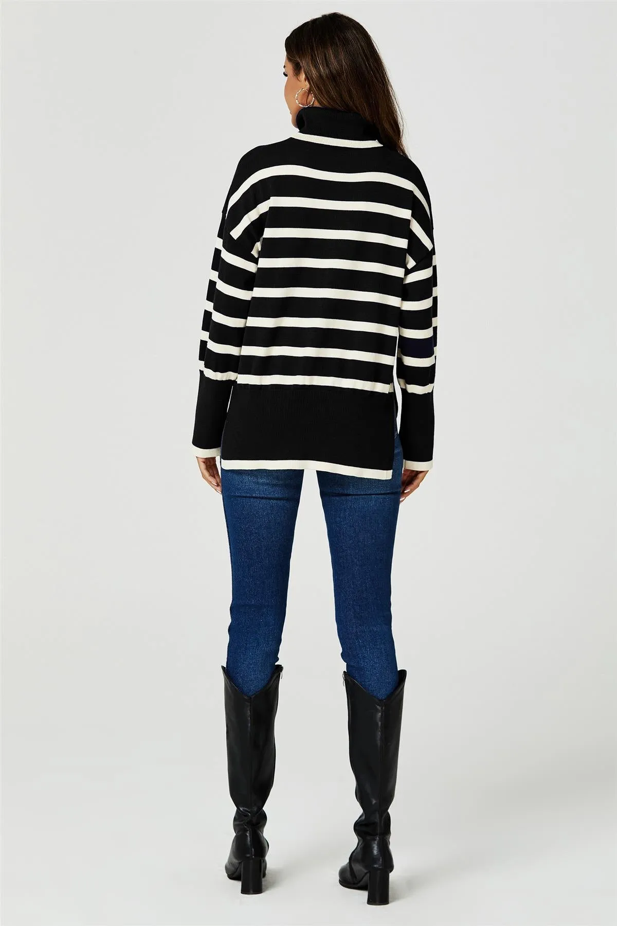 Stripes Pattern Turtleneck Jumper Top In Black