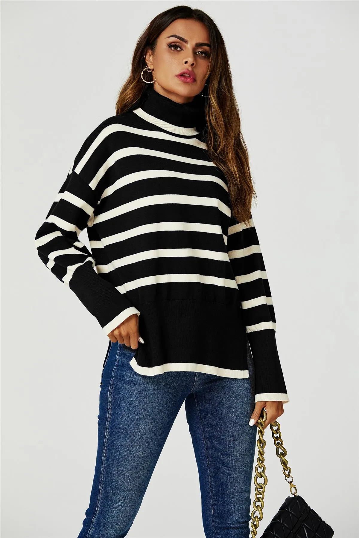 Stripes Pattern Turtleneck Jumper Top In Black