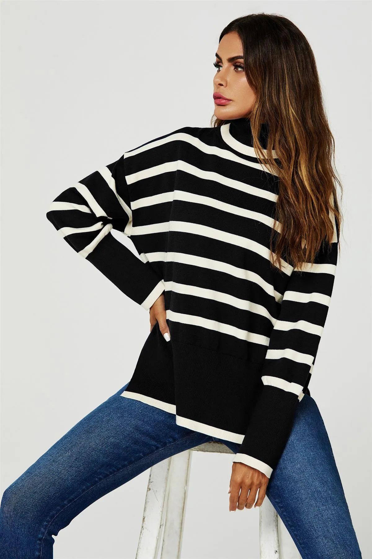 Stripes Pattern Turtleneck Jumper Top In Black