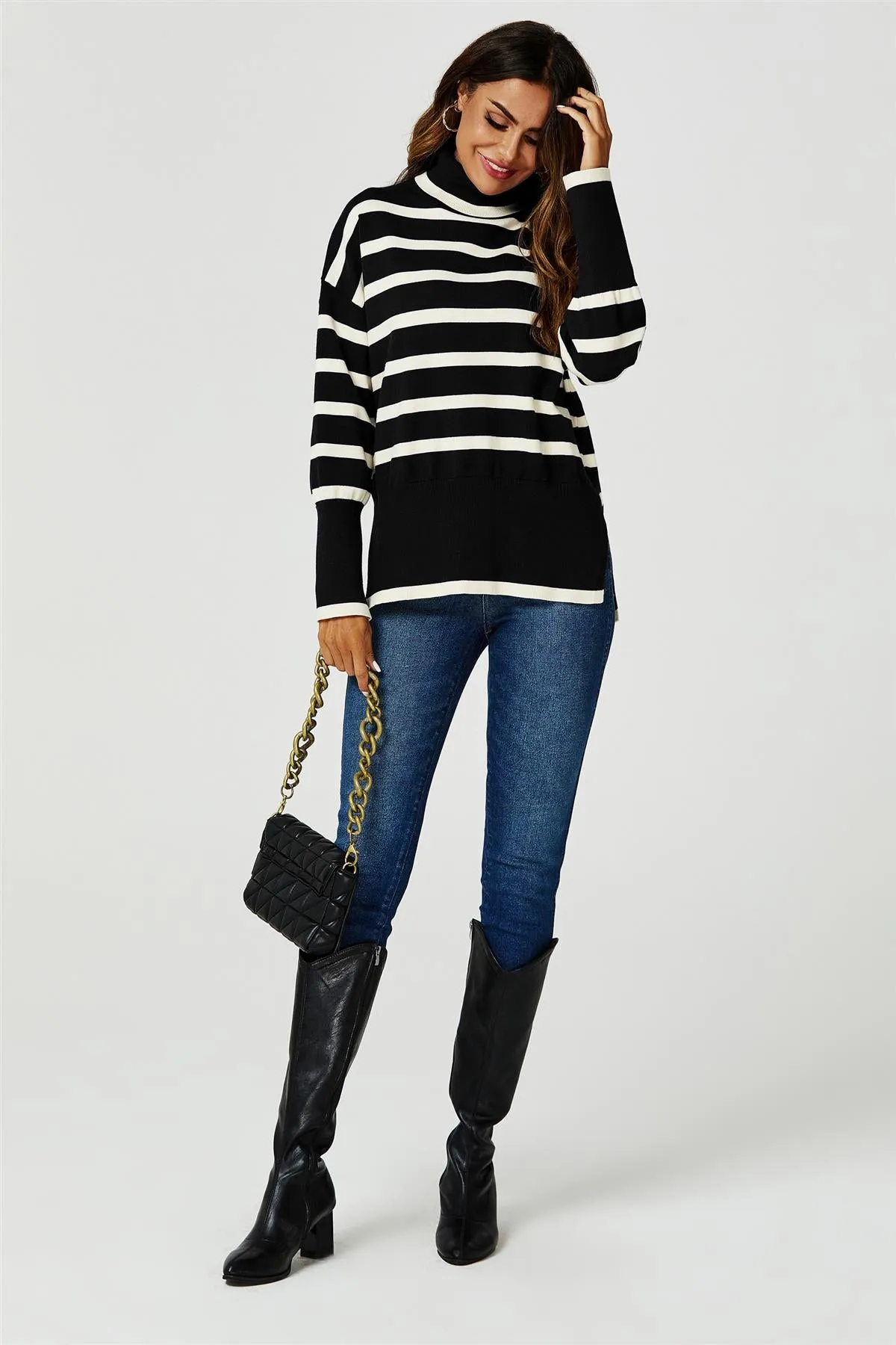 Stripes Pattern Turtleneck Jumper Top In Black