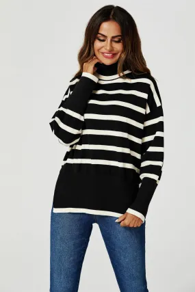 Stripes Pattern Turtleneck Jumper Top In Black