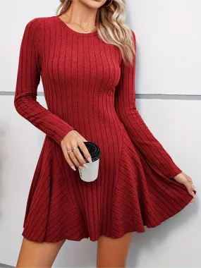 Stylish Rib Knit Long Sleeve Flare Dress - Women's Casual Crew Neck Dress for Spring & Summer - Soft, Breathable, Comfortable, and Versatile Dresses