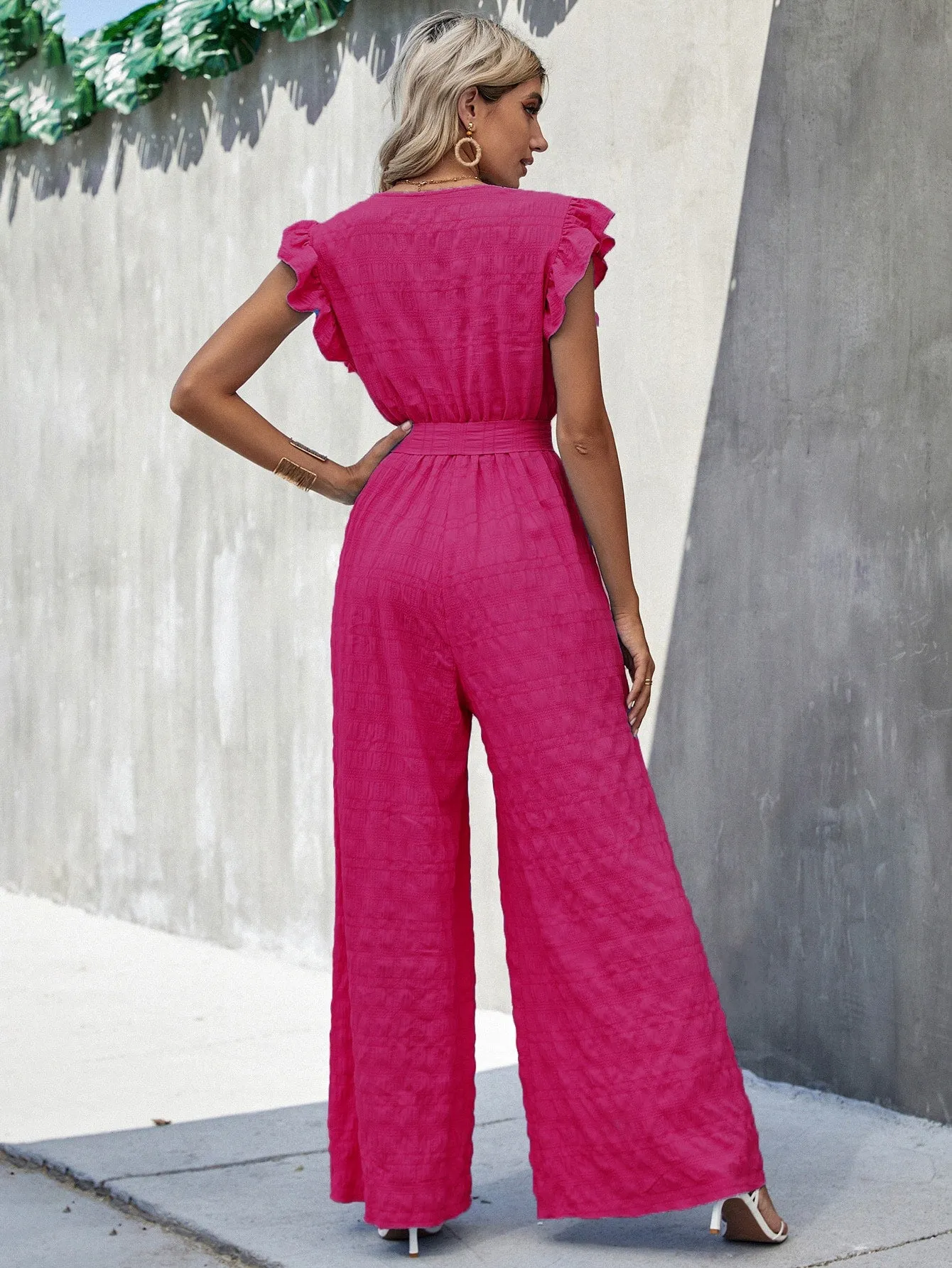 Surplice Neck Ruffle Belted Wide Leg Jumpsuit