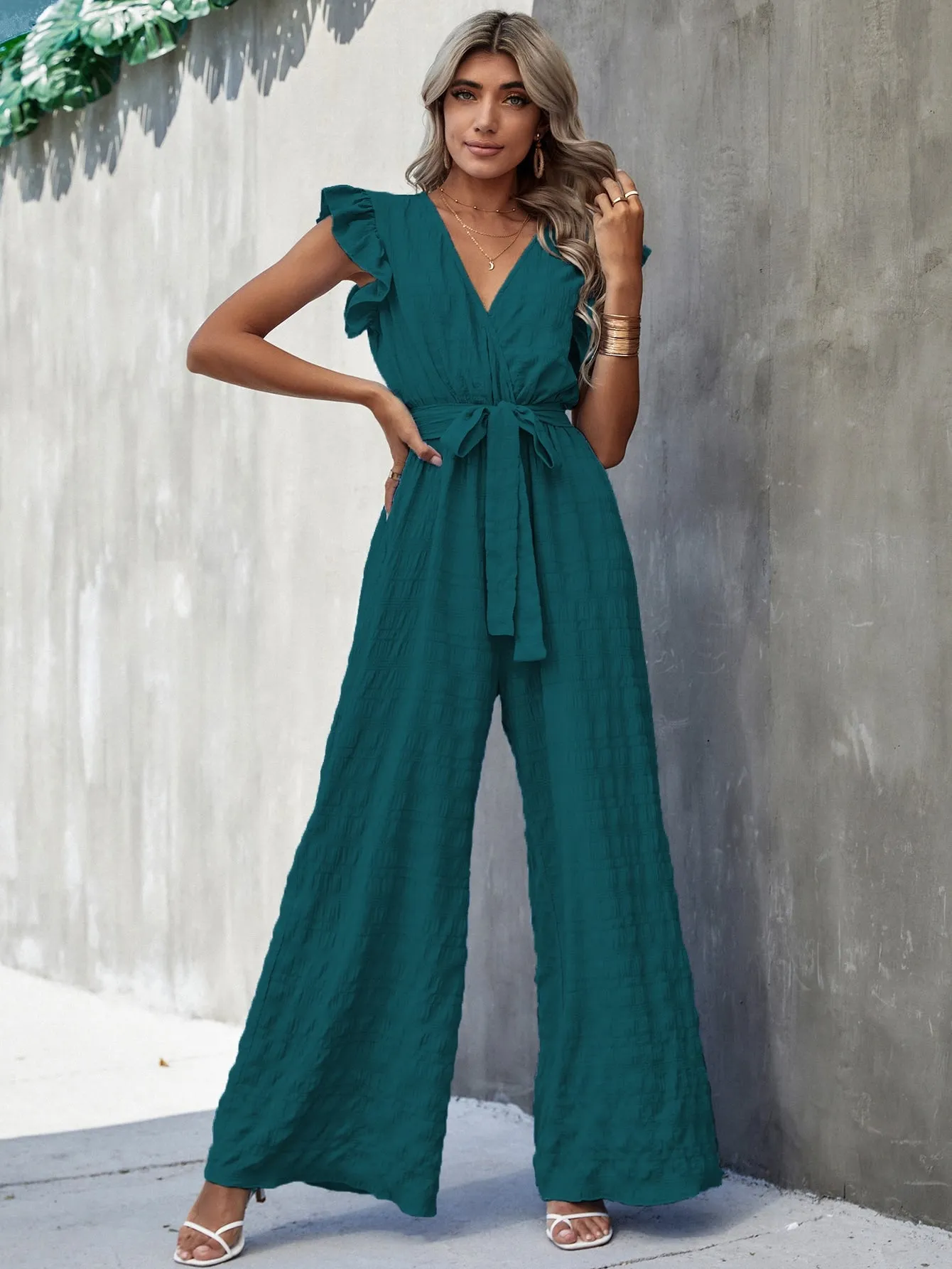 Surplice Neck Ruffle Belted Wide Leg Jumpsuit