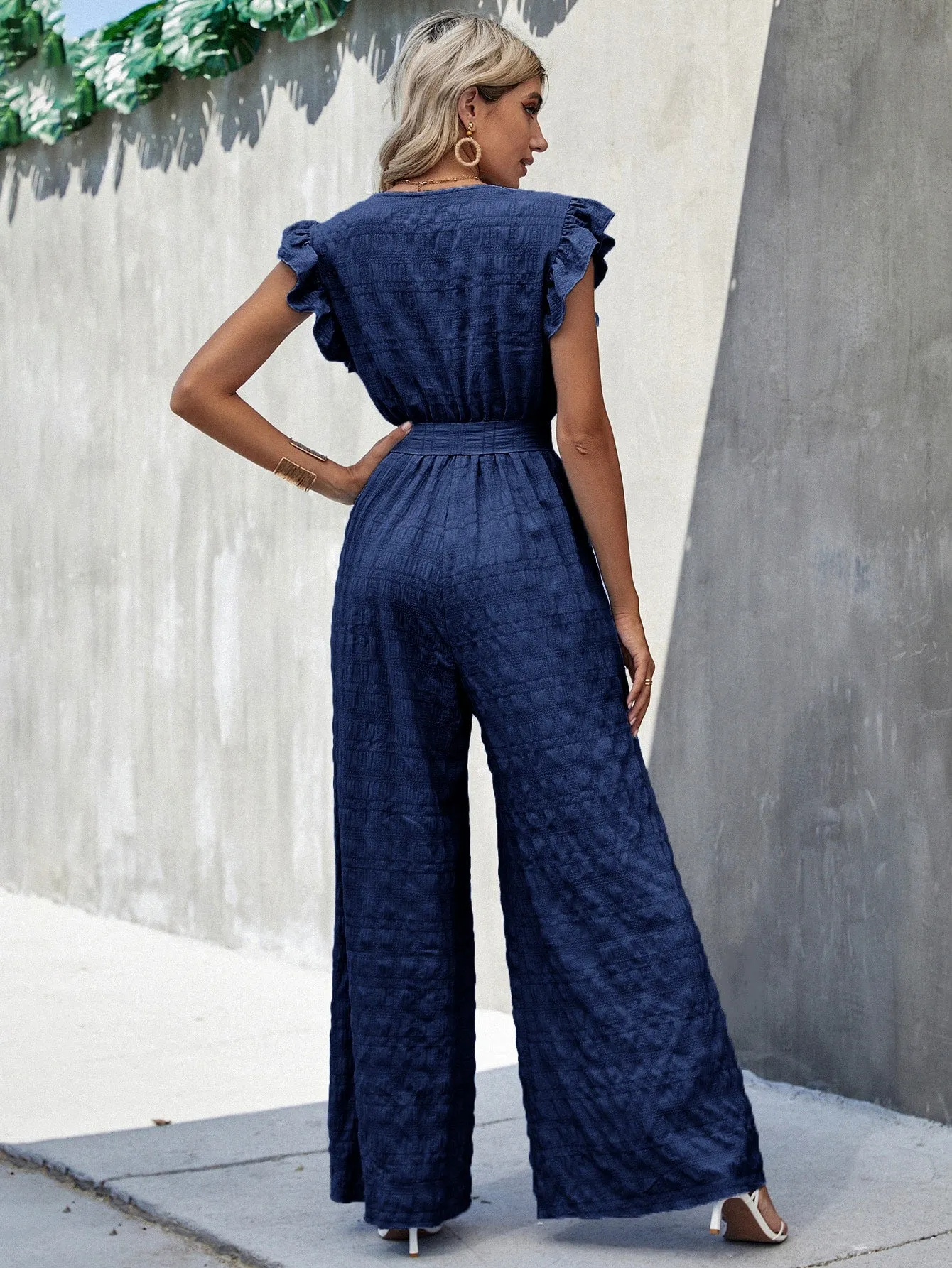 Surplice Neck Ruffle Belted Wide Leg Jumpsuit