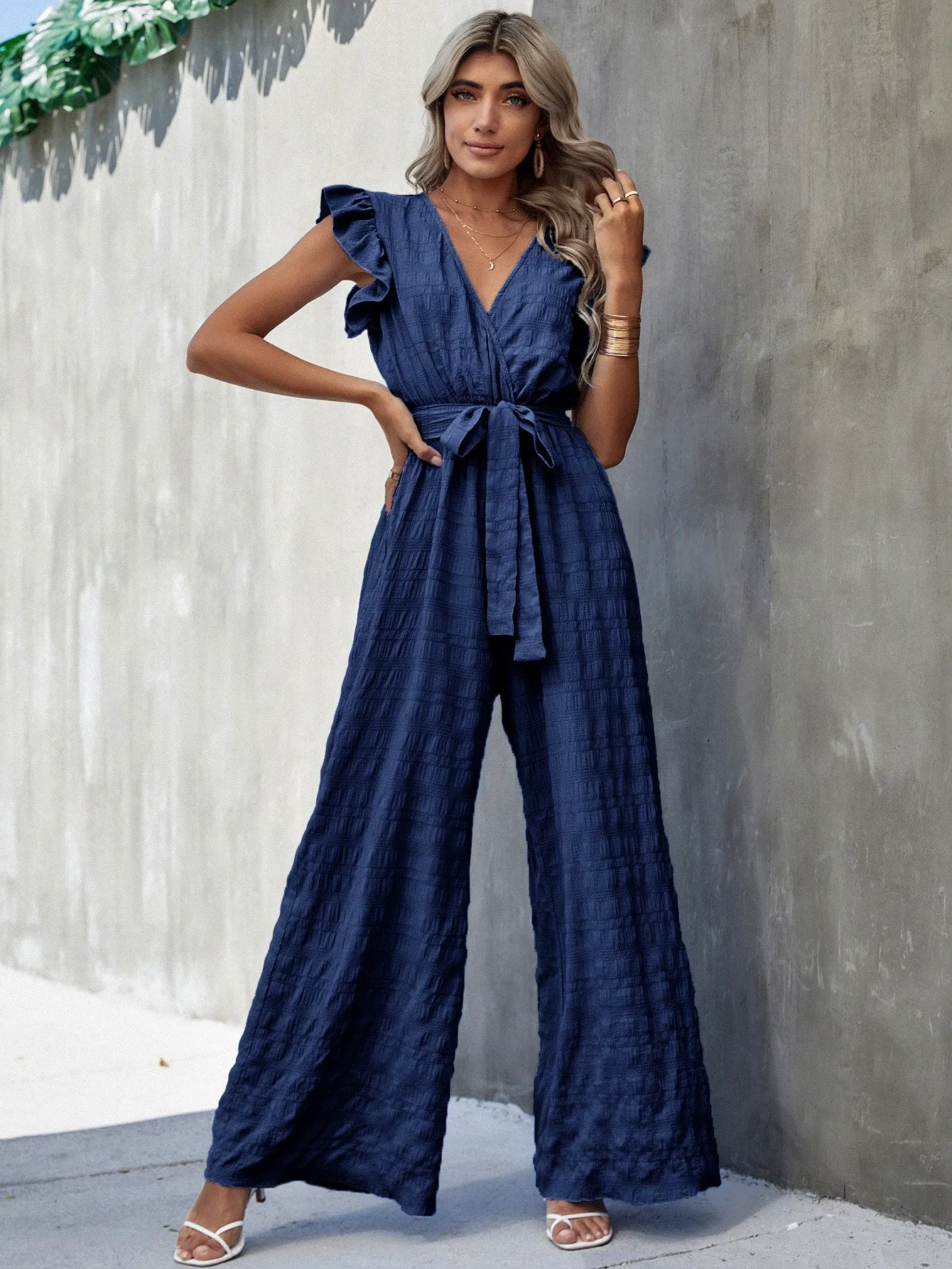 Surplice Neck Ruffle Belted Wide Leg Jumpsuit