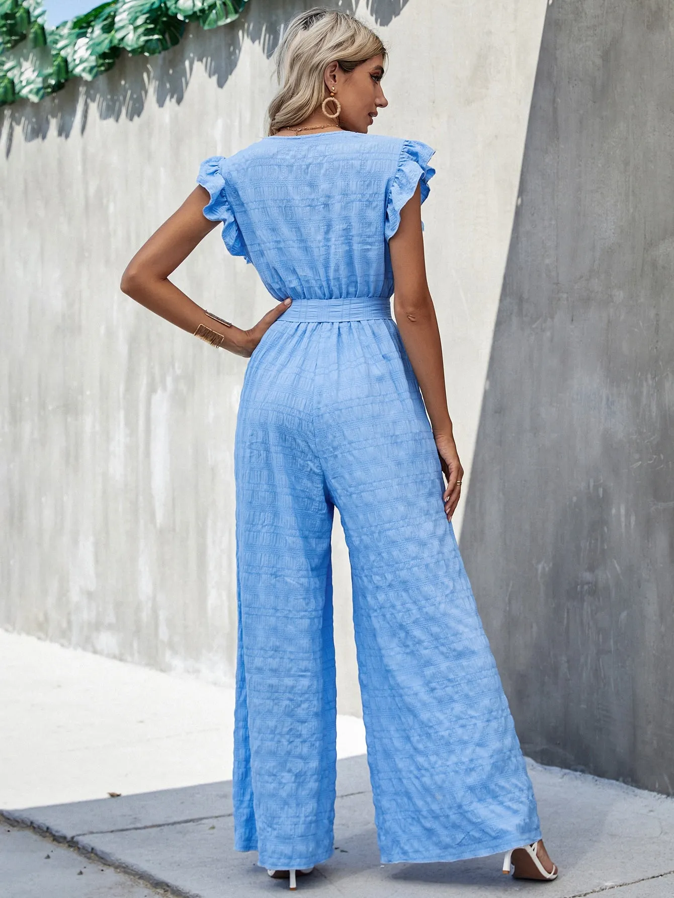 Surplice Neck Ruffle Belted Wide Leg Jumpsuit