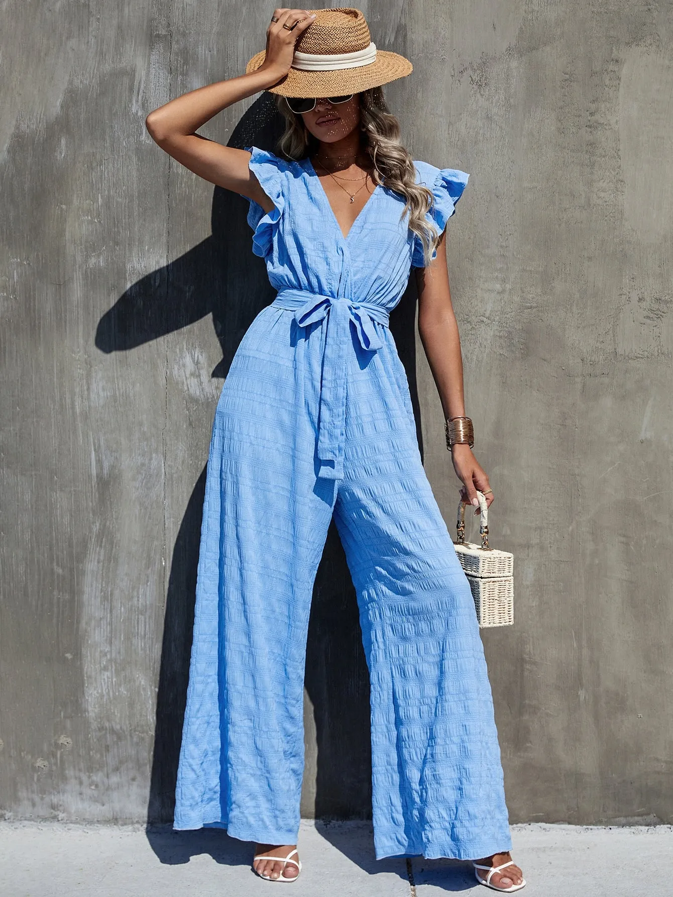 Surplice Neck Ruffle Belted Wide Leg Jumpsuit