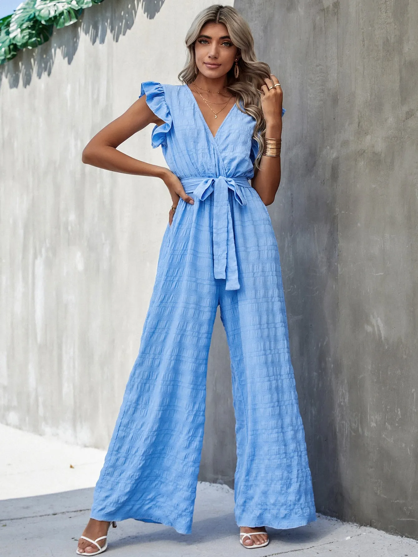 Surplice Neck Ruffle Belted Wide Leg Jumpsuit