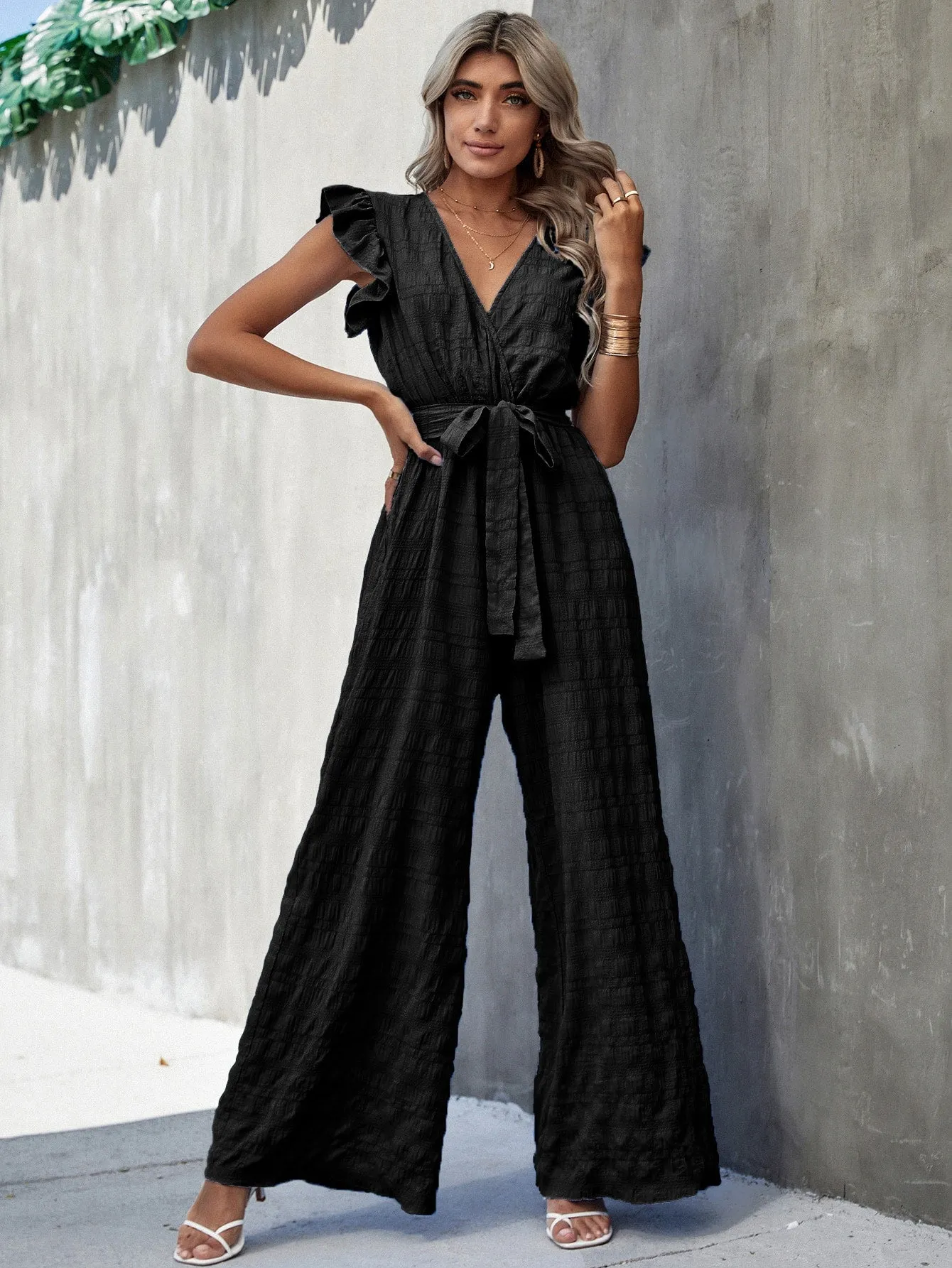 Surplice Neck Ruffle Belted Wide Leg Jumpsuit