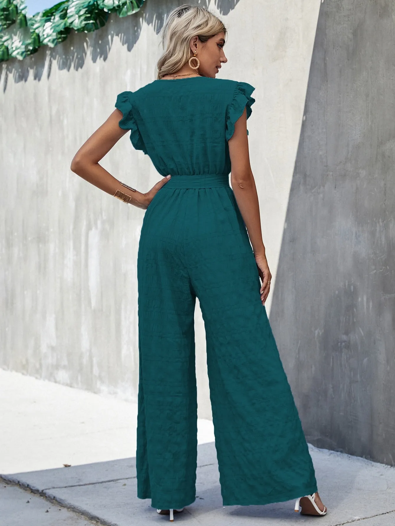 Surplice Neck Ruffle Belted Wide Leg Jumpsuit