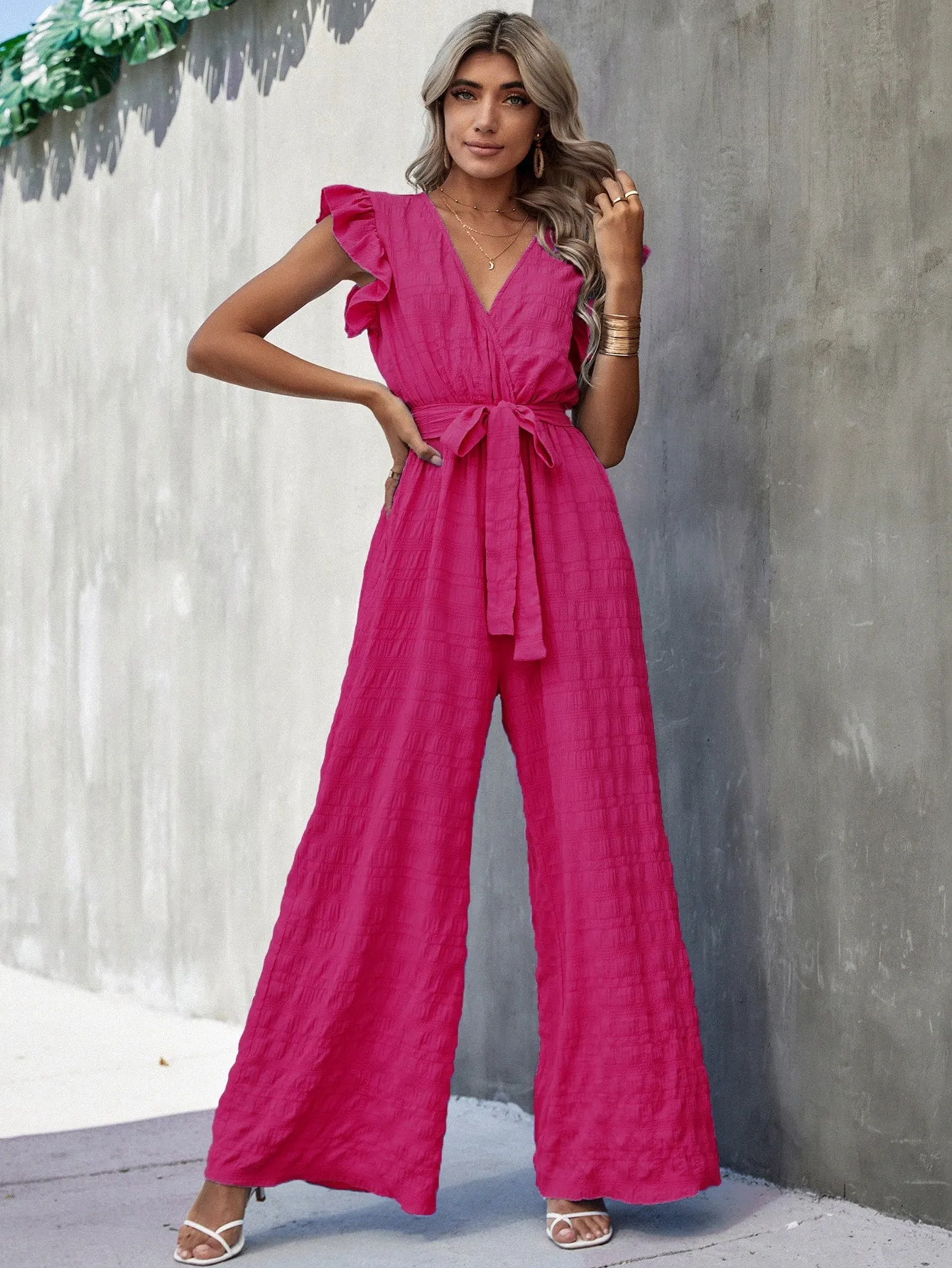 Surplice Neck Ruffle Belted Wide Leg Jumpsuit