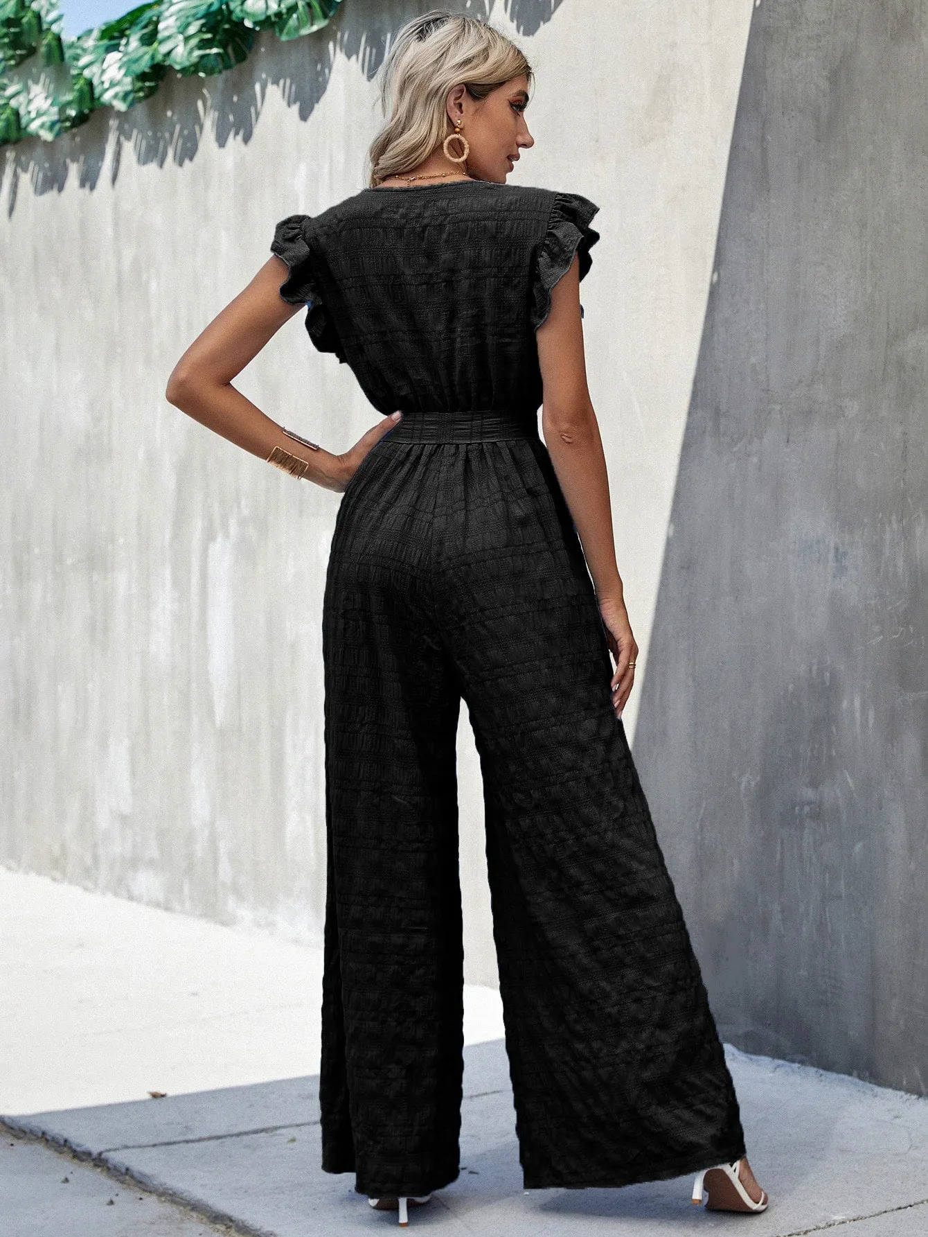 Surplice Neck Ruffle Belted Wide Leg Jumpsuit