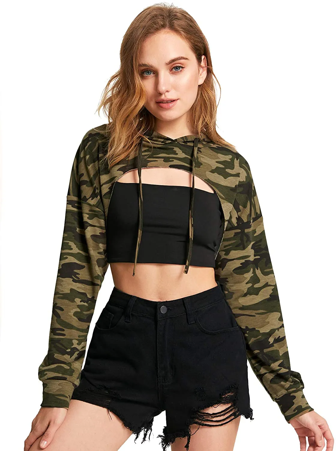 SweatyRocks Women's Solid Black Long Sleeve Pullover Crop Top Hoodie