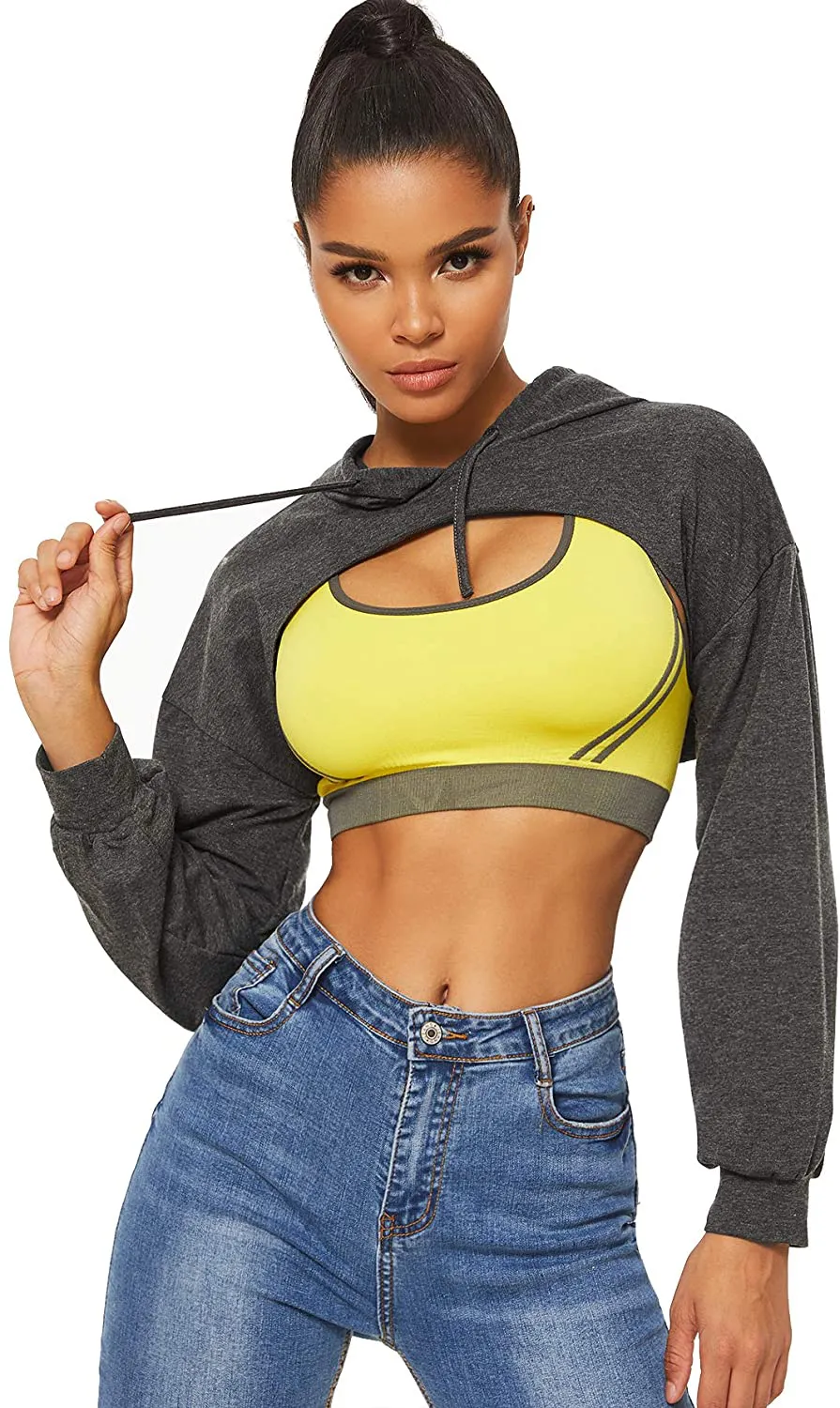 SweatyRocks Women's Solid Black Long Sleeve Pullover Crop Top Hoodie