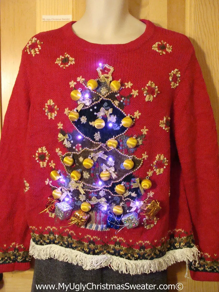 Tacky Ugly Christmas Sweater 80s Giant Tree 3D Ornaments with Lights and Fringe (g95)