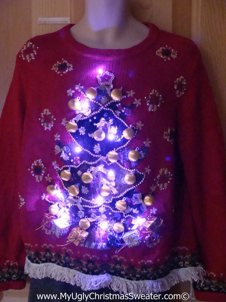 Tacky Ugly Christmas Sweater 80s Giant Tree 3D Ornaments with Lights and Fringe (g95)