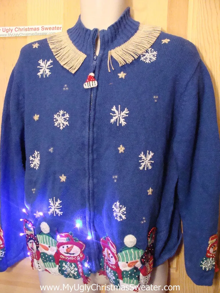 Tacky Ugly Christmas Sweater Carrot Nosed Snowmen with Lights and Fringe (g79)