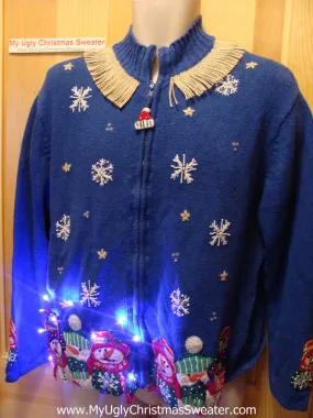 Tacky Ugly Christmas Sweater Carrot Nosed Snowmen with Lights and Fringe (g79)