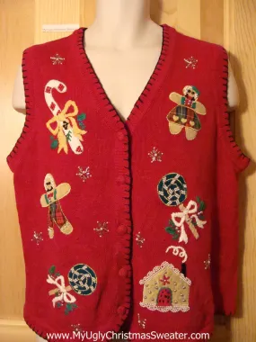 Tacky Ugly Christmas Sweater Vest Gingerbread Girl, Boy, and House (f385)