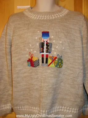 Tacky Ugly Christmas Sweater with Colorful Nutcracker and Gifts (f346)