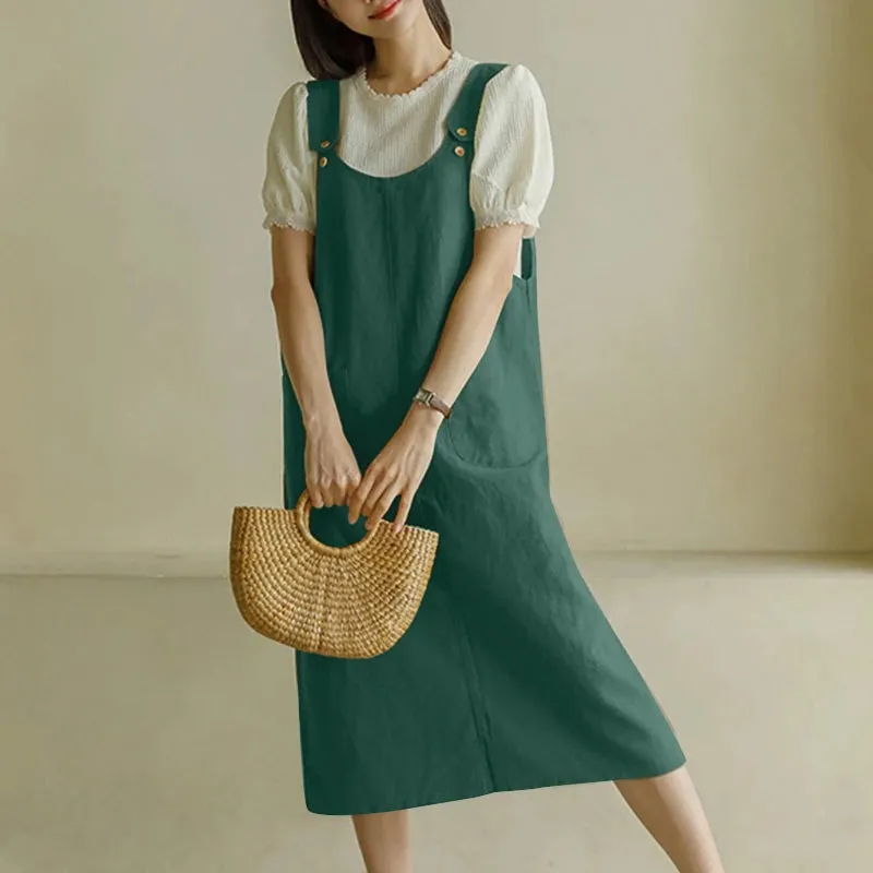 Tank Long Sleeveless Pockets Robe Suspender Dress