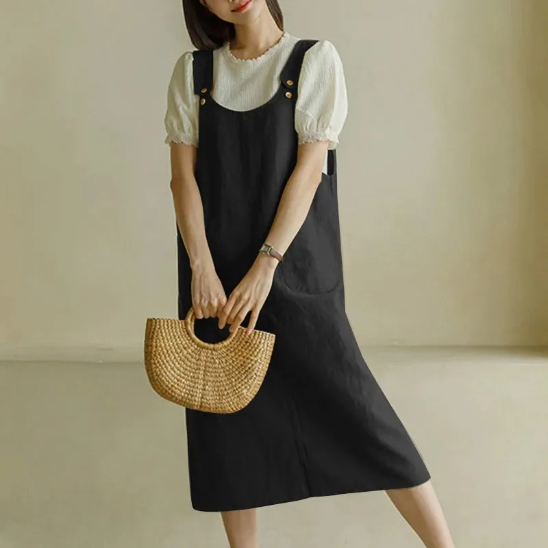 Tank Long Sleeveless Pockets Robe Suspender Dress