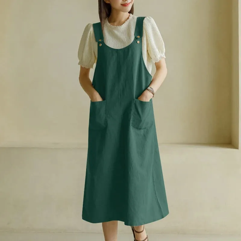 Tank Long Sleeveless Pockets Robe Suspender Dress